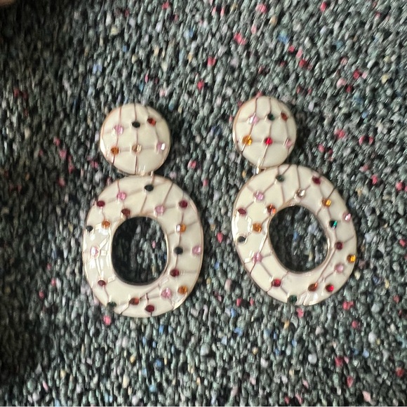 ZARA Off-White Cream & Colorful Gemstone Oval Dangle Statement Earrings Jewelry - Picture 10 of 12